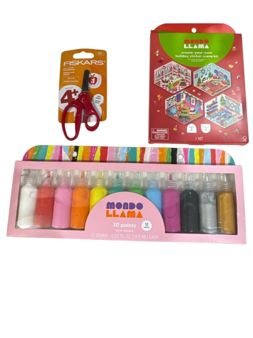 Mondo Llama Holiday Sticker Scene Kit & 3D Paints Set With Fiskars Kids Scissors